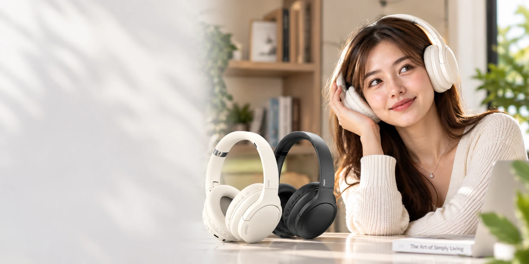 AVVIC headphone V11 ANC bersama model dan warna beige hitam